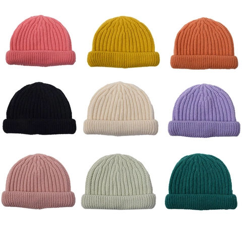 Gorro De Punto Para Niños Acanalado Suave Cálido Invierno Gorro Con Dobladillo Para Bebés Niños Niñas Color Sólido