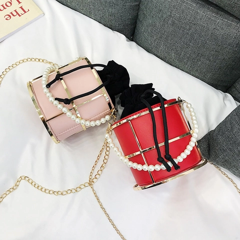 Vintage Women Bucket Bag PU Leather Metal Cage With Faux Artificial Pearl Handle And Gold Chain Shoulder Strap Retro Evening Purse