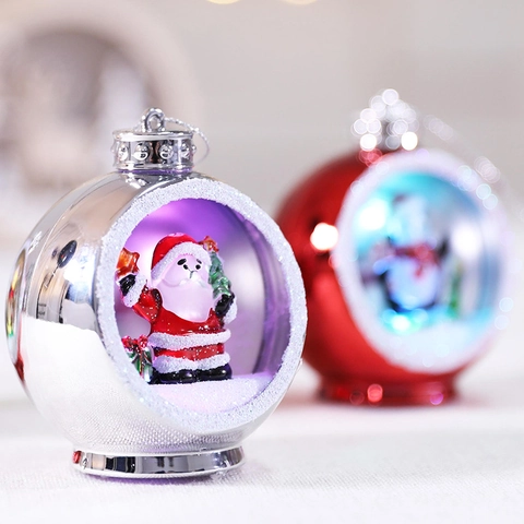 Weihnachtsball Hängende Ornamente LED Leuchtende Kunststoff Miniaturszene Weihnachtsmann Pinguin Baum Feiertagsdekor