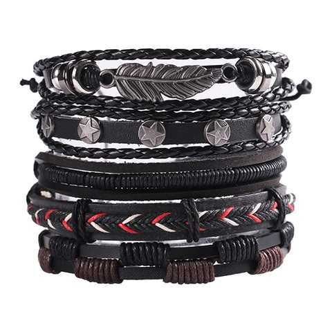 Vintage Men Bracelet Multi Layer Leather Woven Rope Alloy Feather Owl Charms Adjustable Punk Ethnic Style Jewelry
