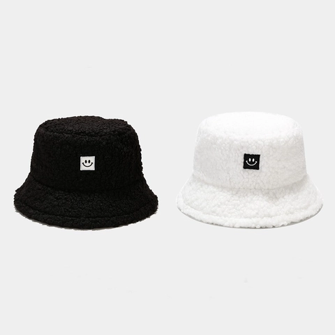 Cappello Alla Pescatora Unisex Invernale Caldo Teddy Fleece Sherpa Patch Sorriso Retro Antivento Casual