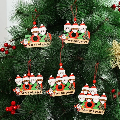 Christmas Tree Hanging Pendant Wood Cartoon Mask Family Design Love And Peace Festive Holiday Party Home Decor Ornament