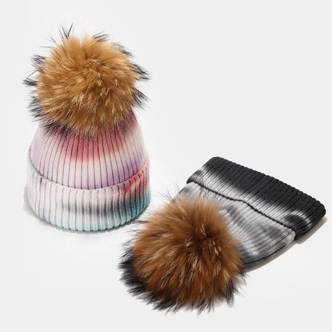 Women Winter Tie Dye Knit Beanie Hat With Large Faux Fur Pom Pom Ribbed Warm Thermal Outdoor Cuff Cap For Ladies