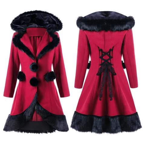 Women Gothic Hooded Long Coat With Faux Fur Trim Lace Up Back Retro Contrast Color Vintage Winter Woolen Jacket