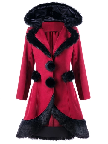 Women Gothic Hooded Long Coat With Faux Fur Trim Lace Up Back Retro Contrast Color Vintage Winter Woolen Jacket