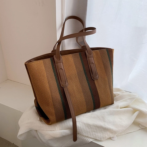Women Large Capacity Tote Bag Vertical Stripe Canvas Woven Shoulder Handbag For Daily Travel Office Modern Style Zipper