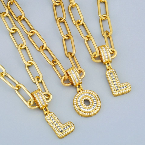 Initial Letter Pendant Paperclip Chain Necklace Iced Out Baguette Zircon 18K Gold Plated Copper Hip Hop DIY Jewelry
