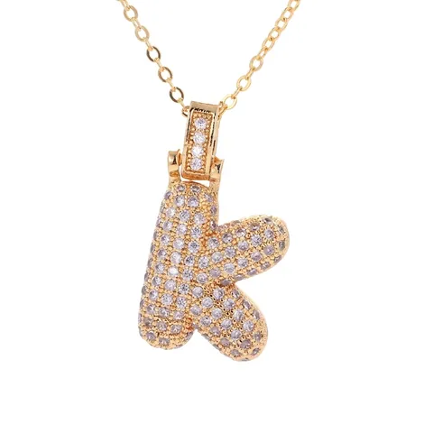 Hip Hop Copper Gold Plated Initial Letter Pendant Necklace Micro Inlaid Zirconia Alphabet Charm Chain Necklace For Men Women