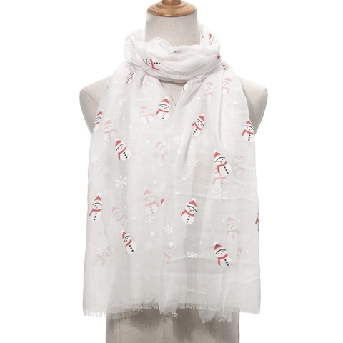 Women Christmas Snowman Snowflake Print Scarf Soft Warm Polyester Winter Shawl Rectangular Long Wrap With Tassels Holiday Gift