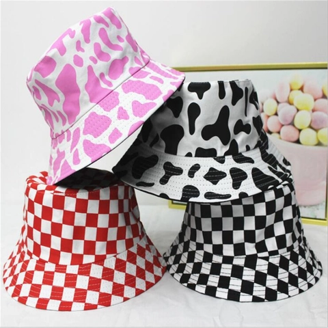 Bucket Hat Cotton Polyester Reversible Cow Print Checkerboard Pattern Foldable Sun Protection Fashion For Men Women