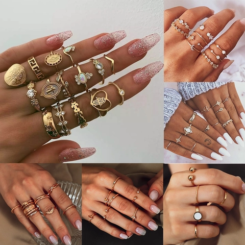 Collezione Anelli Lega Vintage Donna Stella Luna Cuore Geometrico Strass Perla Artificiale Intarsiata Gioielli