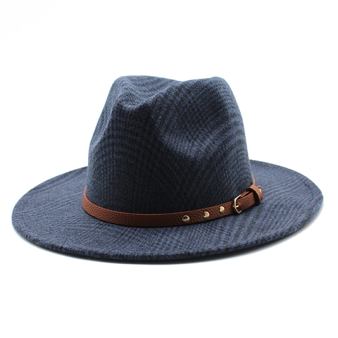 Plaid Fedora Hat Wool Blend Wide Brim British Vintage Style With Rivet Leather Band For Men Women Unisex