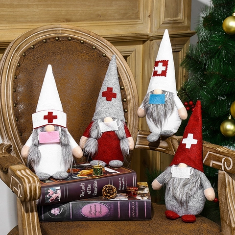 Bambola Gnomo Di Natale Tema Dottore Infermiera Statuina In Peluche Senza Volto Con Mascherina E Segno Della Croce