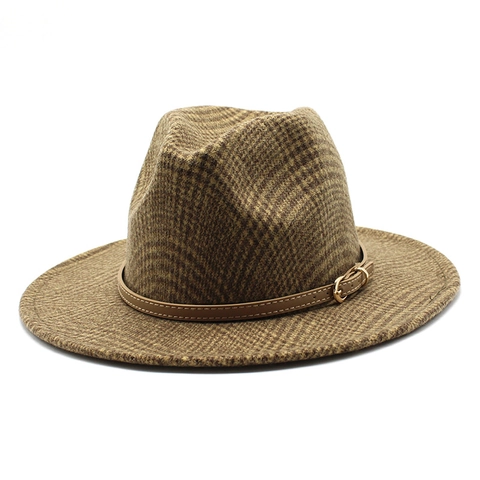 Plaid Wool Blend Fedora Hat British Vintage Wide Brim Jazz Cap With Leather Belt Buckle For Men Women