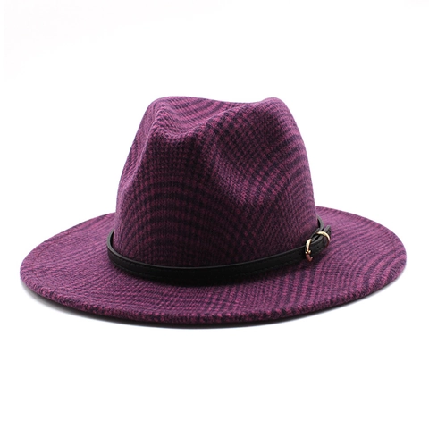 Women Vintage British Wide Brim Fedora Hat Wool Blend Plaid Pattern With Buckle Leather Band Jazz Style