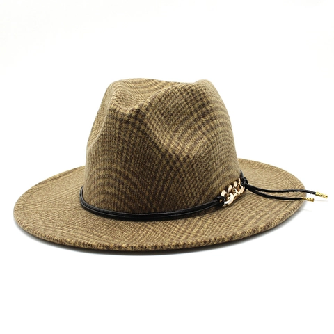 Wide Brim Fedora Hut Wollmischung Hahnentrittmuster Goldkette Lederband Retro Jazz Hut Für Herren Damen