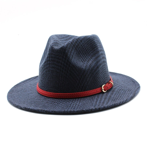 Vintage British Wool Blend Fedora Hat Wide Brim Plaid Pattern Jazz Hat With Leather Belt Buckle For Men Women Retro Style