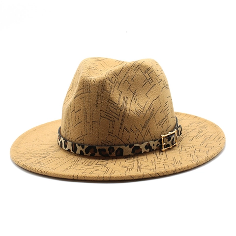Vintage Wool Felt Fedora Hat Wide Brim Jazz Cap With Leopard Print Belt Gold Buckle Retro British Style For Women