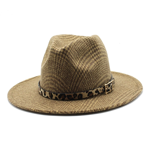 Vintage Britischer Woll Polyester Fedora Hut Für Herren Damen Breite Krempe Karo Mit Leopardenband Goldene Schnalle Jazz Stil