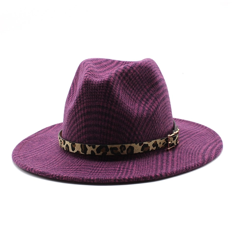 Vintage Britischer Woll Polyester Fedora Hut Für Herren Damen Breite Krempe Karo Mit Leopardenband Goldene Schnalle Jazz Stil