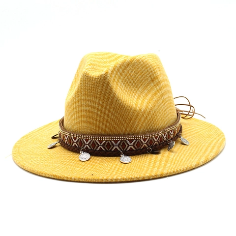 Bohemian Wool Blend Fedora Hat Wide Brim Plaid With Ethnic Woven Band Metal Coin Pendants Retro Style Men Women