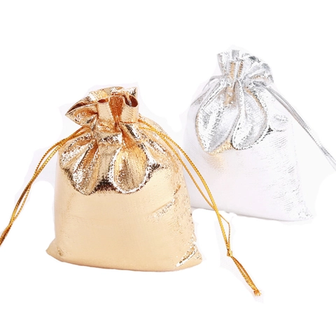 Drawstring Pouches Metallic Cloth Shimmering Gold Silver Jewelry Packaging Gift Bags Small Organizers Storage Pouches
