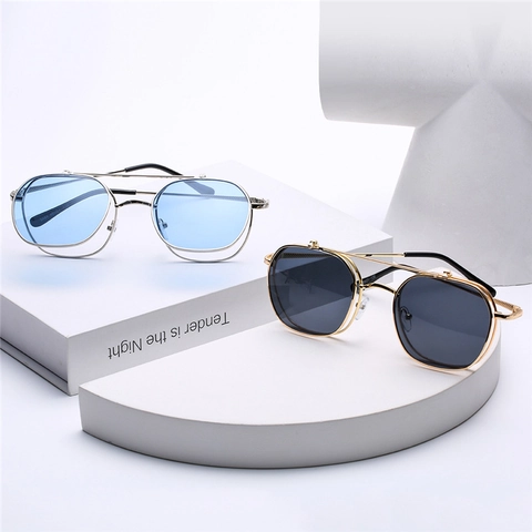 Lunettes De Soleil Flip Up Rétro Steampunk Monture Métallique Double Couche Gothique Punk UV400 Pour Hommes Femmes
