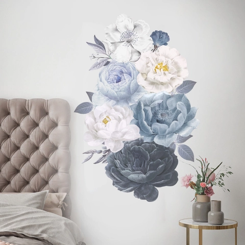 Elegante Blau Weiße Pfingstrose Blumen Wandaufkleber PVC Selbstklebend Abnehmbare Aquarell Florale Wandtattoos Wohnzimmer