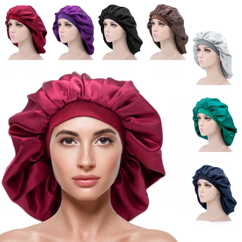 Satin Sleep Bonnet Hair Protection Nightcap Elastic Wide Band Satiny Smooth Head Cover Women