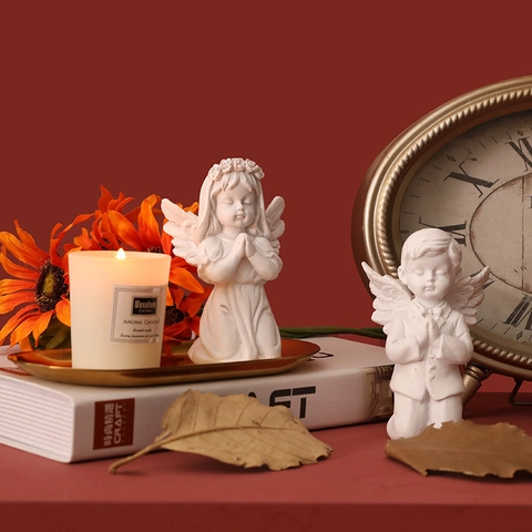 Praying Angel Figurines Winged Cupid Resin Statue Nordic Style Desktop Decor Cherub Sculptures For Home Office Table Shelf