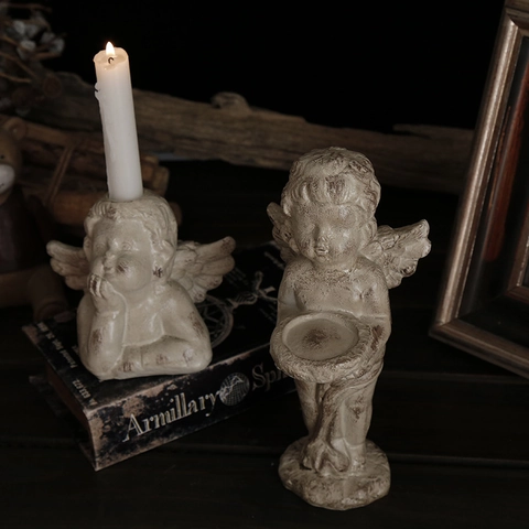 Vintage Cupid Angel Candle Holder Resin Distressed Figurine Candlestick Desktop Ornament Retro Home Decoration