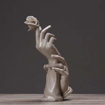 Creative Hands Holding Rose Sculpture Resin Sandstone Texture Desktop Art Decoration For Home Wedding Gift Modern Style