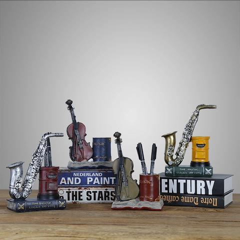 Retro Resin Musical Instrument Pen Holder Saxophone Violin Shape Desktop Ornament Storage Nostalgic Gift Home Office Decor
