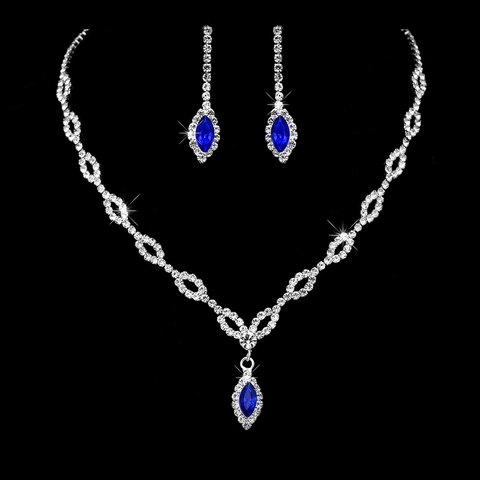 Collana E Orecchini Bracciale Gioielli Strass Blu Reale Marquise Rame Placcato Argento Elegante Accessori Matrimonio