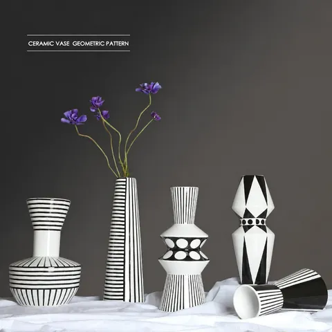 Modern Minimalist Ceramic Vase Black And White Geometric Stripe Polka Dot Nordic Style Home Office Decorative Flower Holder