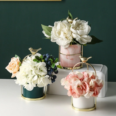 Ceramic Marble Vase Flowerpot With Gold Metal Bird Stand Creative Desktop Decorative Jar Nordic Style Home Decor