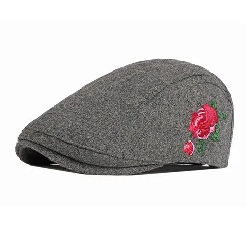 Damen Bestickt Rose Wollen Baskenmütze Britischer Retro Lässig Schirmmütze Winter Warm Schiebermütze Mode Outdoor Accessoires