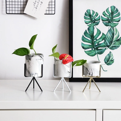 Pot De Fleurs En Céramique Motif Marbre Nordique Avec Support En Fer Jardinière De Bureau Moderne Pour Succulentes