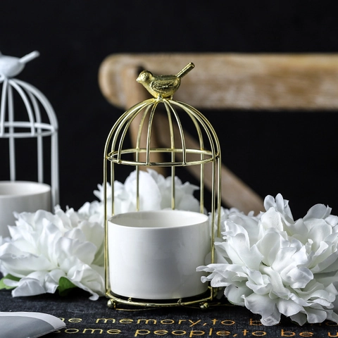 Maceta De Hierro Con Forma De Jaula De Pájaros Con Jarrón De Cerámica Decoración De Pájaro De Metal Dorado Soporte Para Suculentas Decoración De Mesa
