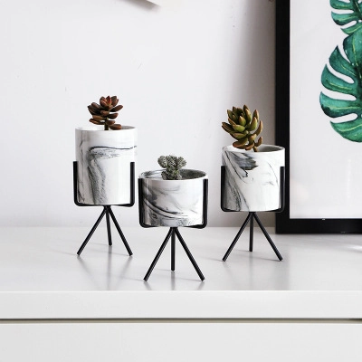 Pot De Fleurs En Céramique Motif Marbre Nordique Avec Support En Fer Jardinière De Bureau Moderne Pour Succulentes