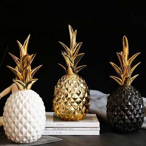 Geometric Pineapple Ceramic Decor Electroplated Golden Leaves Nordic Minimalist Tabletop Ornament Modern Home Aesthetic