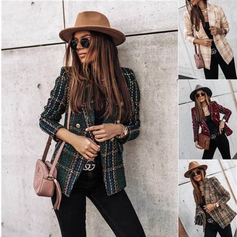 Women Plaid Tweed Blazer Jacket Double Breasted Gold Buttons Long Sleeve Slim Fit Vintage Outerwear