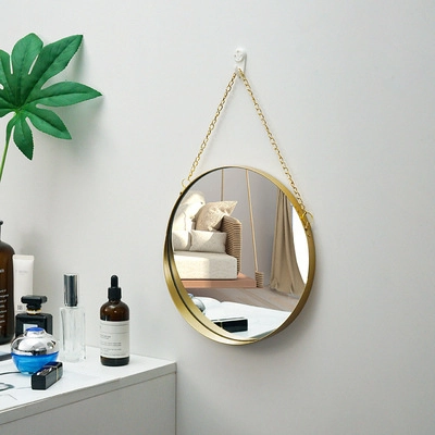 Espejo De Pared Redondo Marco Metal Dorado Cadena Colgante Estilo Nórdico Para Baño Dormitorio Entrada Decoración