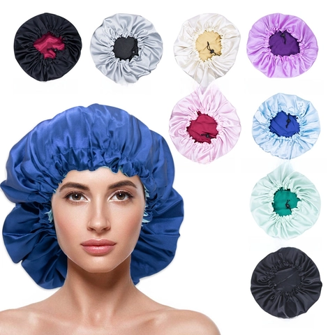 Bonnet De Nuit En Satin Double Couche Bande Élastique Réglable Protection Cheveux Femmes Sensation Satin Lisse