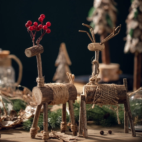 Ornements De Renne De Noël En Bois Naturel Fait À La Main Élan Décoration De Table Baie Rouge Style Forêt