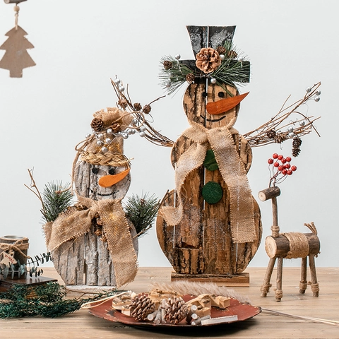 Adorno De Muñeco De Nieve De Navidad Rústico Hecho A Mano De Madera Corteza Natural Y Lino Decoración De Escritorio