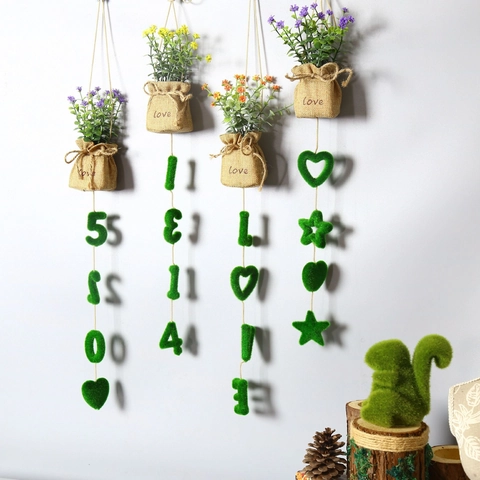 Artificial Hanging Potted Plants Burlap Bag Plastic Flowers Flocking Letters Wall Decor Pastoral Farmhouse Home Ornament