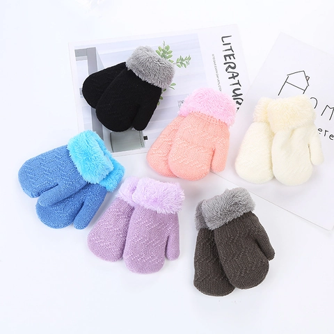 Baby Toddler Winter Mittens Knit Warm Gloves With Faux Fur Cuff Solid Color Soft Thermal Infants