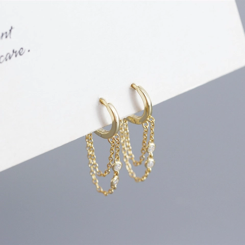 Pendientes Huggie Hoop Plata De Ley 925 Cadena Con Borla Colgante Rhinestone Joyería Minimalista Geométrica Mujer