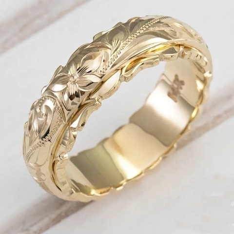Hawaiian Flower Engraved Alloy Ring Wide Band Tropical Leaf Plated Retro Style Jewelry For Women Anniversary Wedding Gift